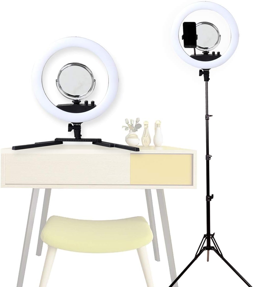 GSKAIWEN 12 Inch LED Adjustable Light 3000-5500K Self-Timer Lamp Ring Light Carrying Tripod and Bag with Make-Up Mirror,Recording Video, Photography(Black)