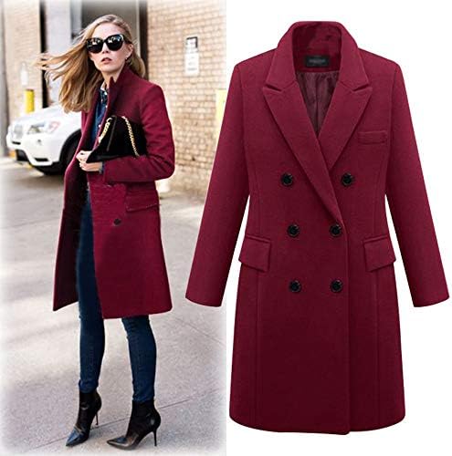 Womens Winter Lapel Wool Coat Trench Jacket Long Parka Overcoat Outwear Wine Red
