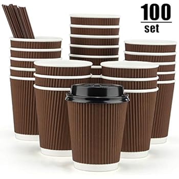 Eupako 8 oz Disposable Coffee Cups 100 Pack Ripple Wall Paper Cups to Go, Insulated Corrugated Cups with Lids and Straws, Perfect for Hot and Cold Drinks