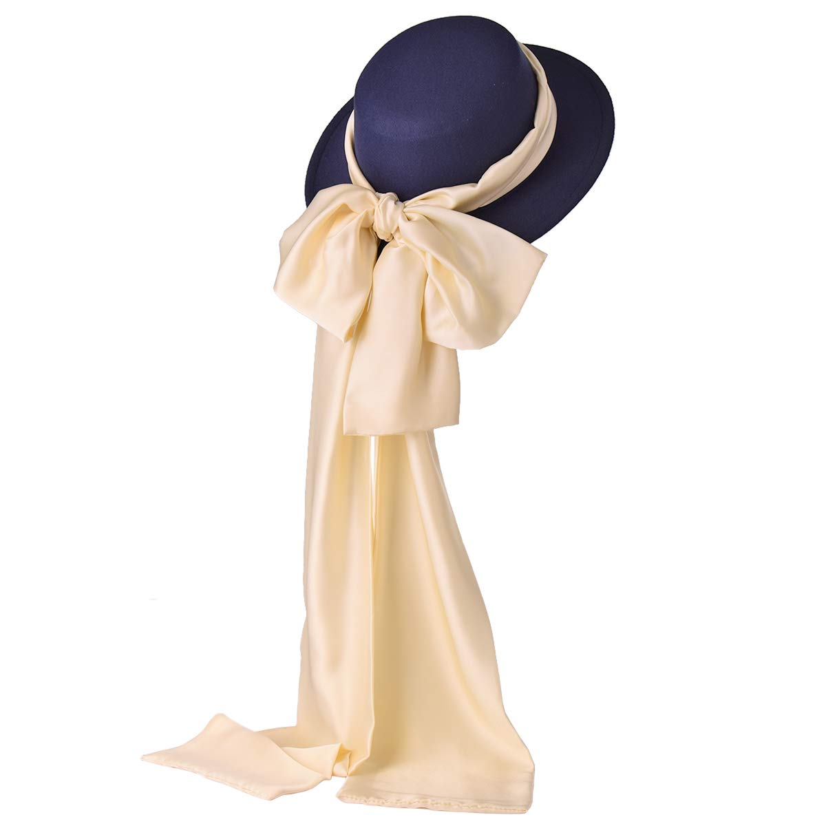 Girls Women Tea Party Sun Hat Victorian Costume Bowknot Wide Ribbons Hats (Dark blue & beige)
