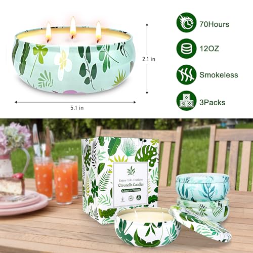 Citronella Candles Outdoor Large, 3 x 12oz 3-Wick Citronella Fragrance Candle Set for Home Garden Patio Yard Balcony Camping BBQ Gifts, 90 Hrs Burning Scented Soy Wax Candle Summer Essentials