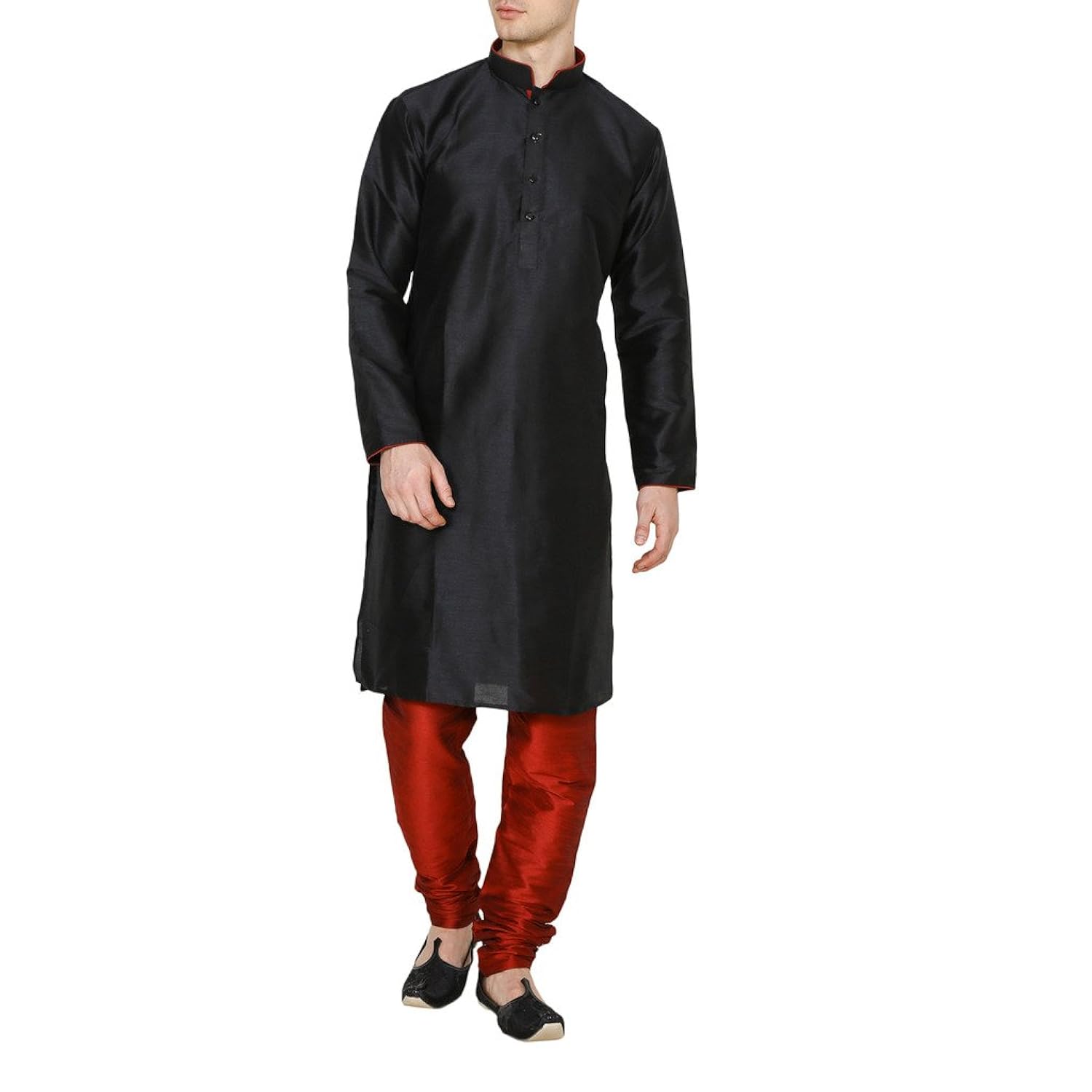 royal mens silk blend kurta churidar with neck and sleeve piping details