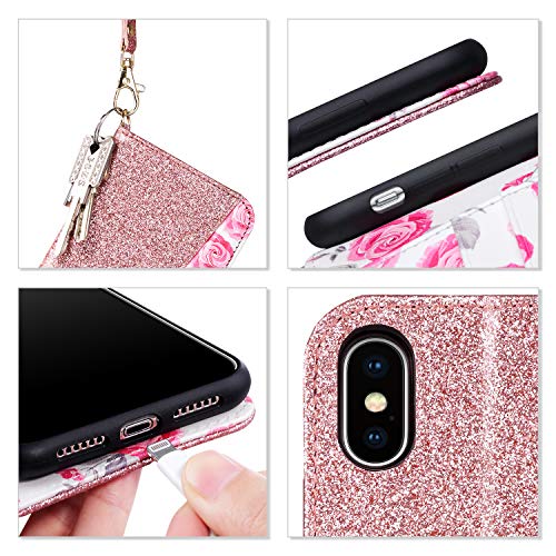 ULAK iPhone Xs Max Wallet Case, Premium PU Leather Case with Kickstand Card Holder ID Slot and Wristlet Shockproof Bling Glitter Protective Cover for Apple iPhone Xs Max (2018) - Rose Gold