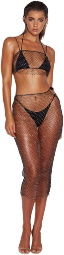 Rushine Grid Fishnet Diamond Crystal 2PC Halter Crop Midi Skirt Dress Set Shiny