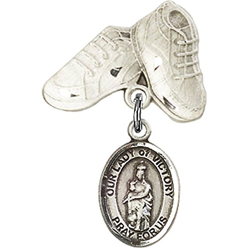 Sterling Silver Baby Badge with Our Lady of Victory Charm and Baby Boots Pin 1 X 5/8 inches