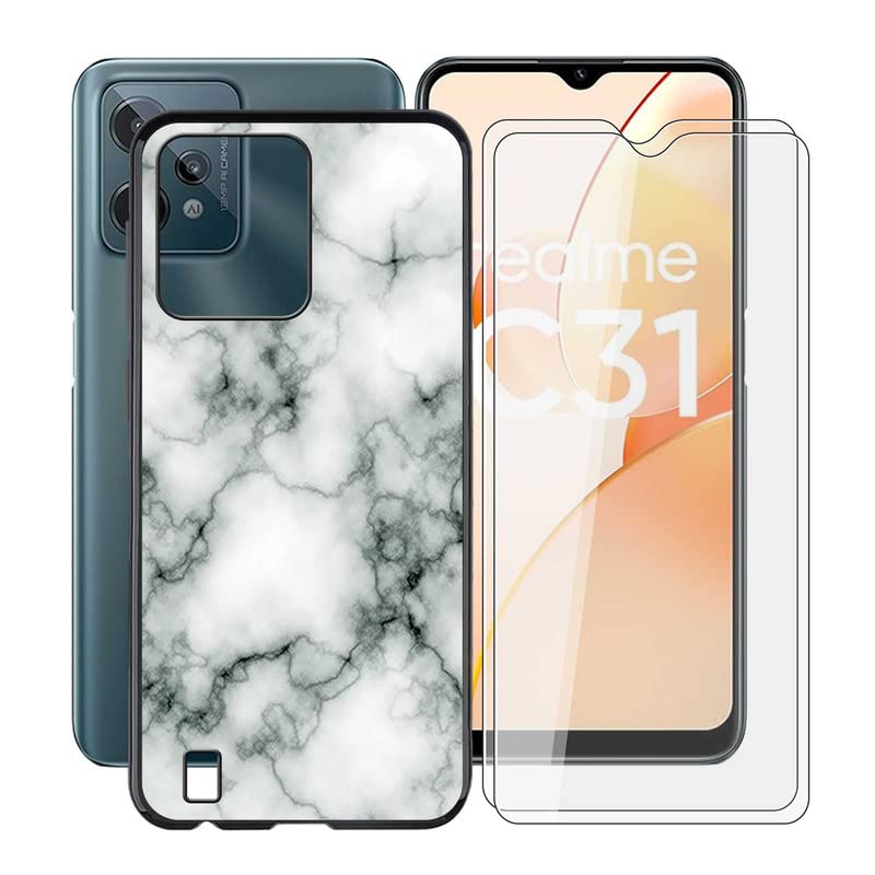 HGJTF Case for Realme C31 (6.5") + [2 Pieces Tempered Glass Screen Protectors], Black Soft Cases Silicone TPU Anti-Shock Case for Realme C31 - WM73