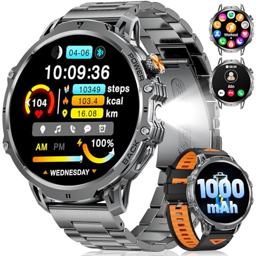 Men's Smart Watch with 1000 mAh, 1.85 Inch Smartwatch with Bluetooth Call, 100+ Sports Modes/LED Lamp, IP68 Waterproof, Heart Rate Sleep Monitor for iOS Android 2 Black Bracelet