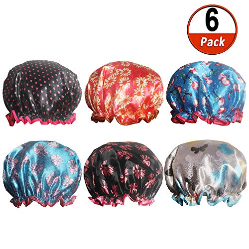 Waterproof Stain Shower Cap 6 Pack Double Layer Large Bath Cap for Women, Kids and Girls