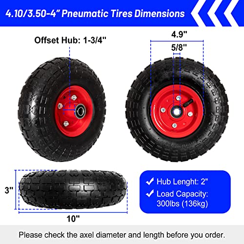4.10/3.50-4 Tire and Wheel for Gorilla Cart - 2 Pack 10" Utility Pneumatic Tire for Hand Truck, Garden Wagon, Dolly, Generator, with 5/8" Axle Bore Hole, Inner Tube, and Double Sealed Bearings(Discount Code:20YI147F)