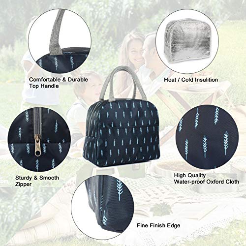Lunch Bag,Reusable Insulated Lunch Bag Cooler Tote Box with Front Pocket Zipper Closure for Woman Man Work Picnic or Travel Blue White Feather (Style 2)