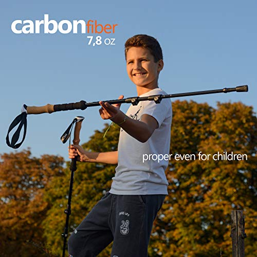 RikkiTikki Carbon Fiber Trekking Poles - Lightweight Collapsible Walking Poles with Cork Grips, Quick Locks, Carry Bag - Bonus: Selfie Shutter with Camera Mount