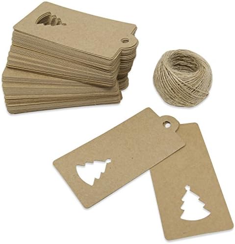 Christmas Kraft Paper Gift Tag - 100 Pcs Bulk Set - Including 65Ft Natural Jute Twine String - Large Vintage Xmas Tree Design - Presents and Holiday Favors
