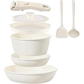 Ceramic Cookware Set Non Stick 8Pcs Pots and Pans Set Detachable Handle Induction Kitchen Cooking Set with Frying Pans Oven Dishwasher Safe, PFAS/PFOA Free, Cream White