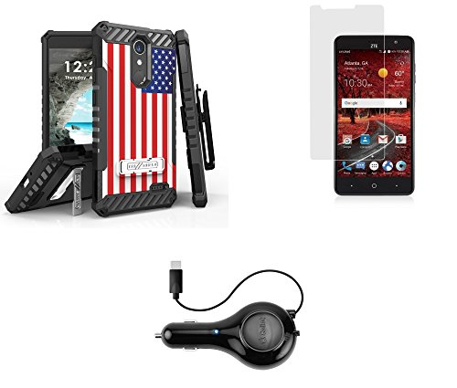 Beyond Cell Tri-Shield Holster Case [American Flag] Bundle with Screen Protector, Retractable Type-C Car Charger, Atom LED for ZTE Blade Spark, Max One LTE, Grand X 4