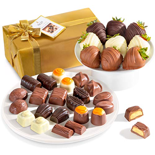9 Piece Chocolate Covered Strawberries Berry Bites & Belgian Chocolate Praline Truffles In Wrapped Gift Box