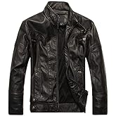 PASOK Men's Faux Leather Jacket Vintage Stand Collar Motorcycle PU Leather Outwear Coat