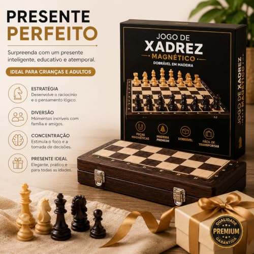 Jogo de Xadrez Magnético em Madeira Dobrável Premium 29cm | Tabuleiro Portátil com Armazenamento Interno | Peças Magnéticas | Jogo de Estratégia para Crianças e Adultos.