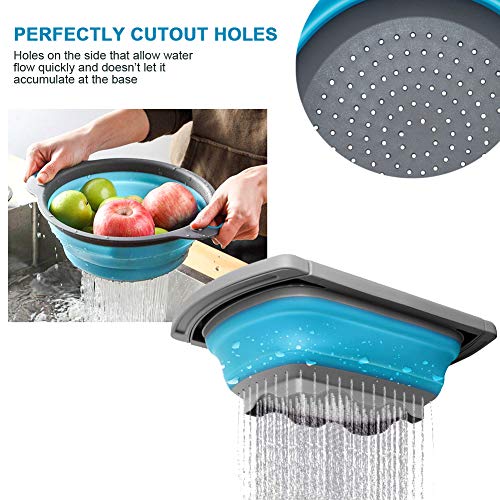 Huanlemai 3-Packs Blue Kitchen Collapsible Colander with Extendable Handles Over The Sink - BPA Free Silicone Folding Strainer for Draining Pasta, Vegetable, Fruit (6qt, 4qt, 2qt) - Thumbnail 5