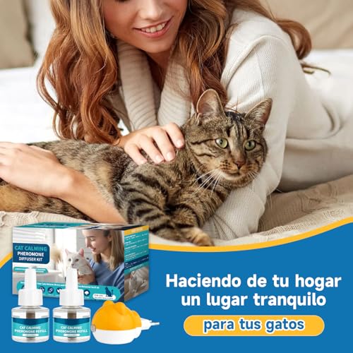 3 in 1 Pheromone Soothing Diffuser for Cats, Compatible with Common Diffusers, Pheromone Diffuser Cats 60 Days for Stress, Relaxation and Anxiety, for Cats and Kittens (1 Diffuser + 2 Refills)