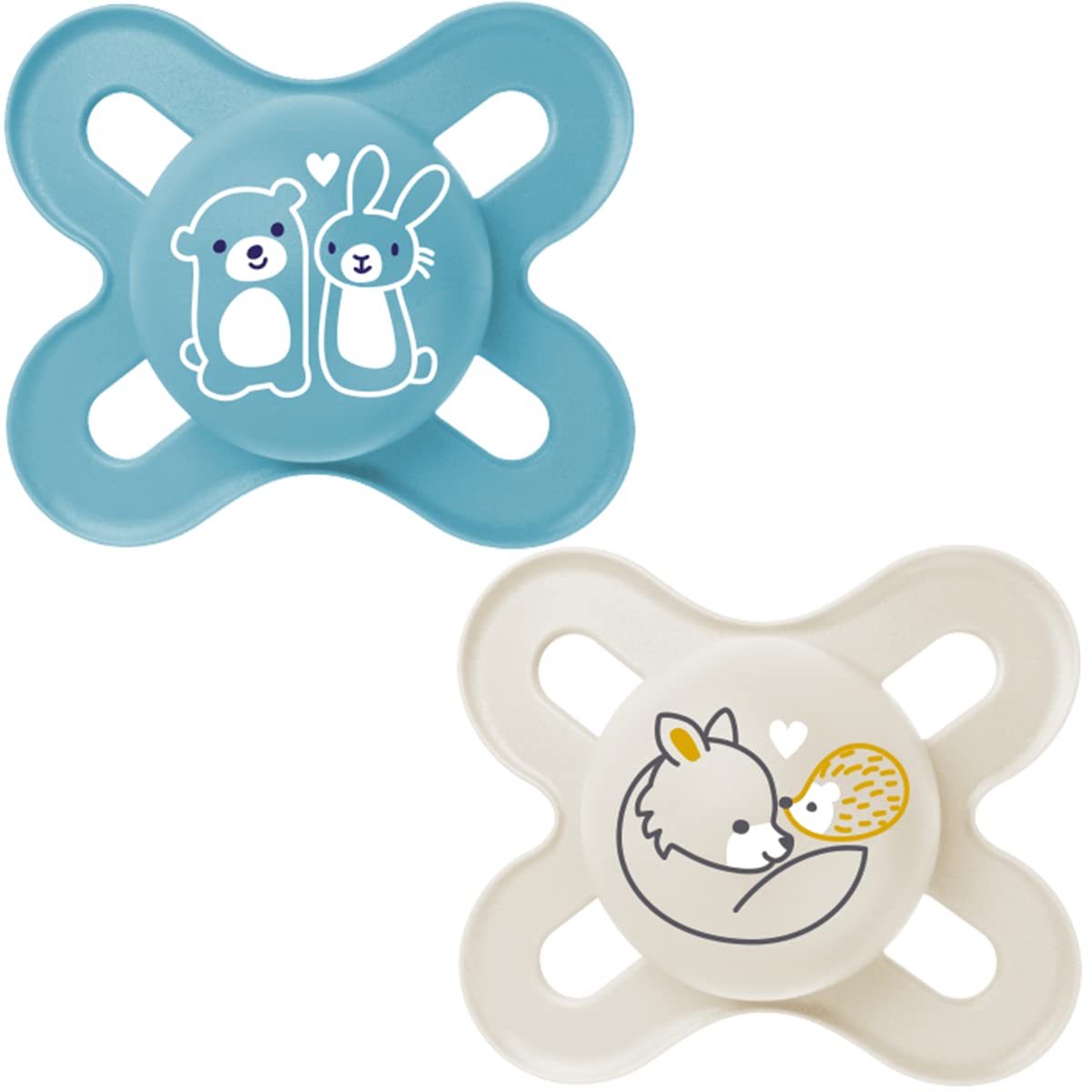 MAM Start Pure Soother 0-2 Months (Set of 2), Baby Soother Made from Sustainable and Bio-Renewable Material, SkinSoft Silicone Teat, with MAM Soother Case, Blue/Cream