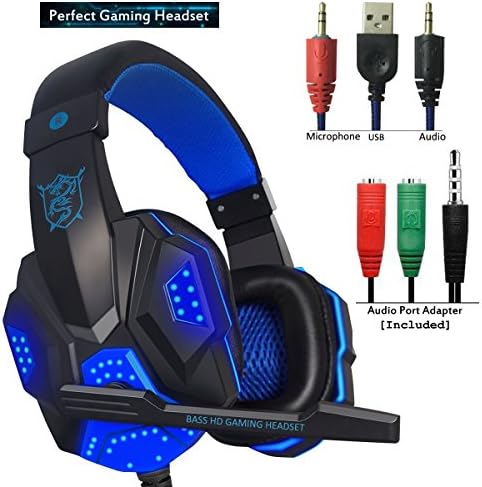 Gaming Headset for PS4 Xbox One, hyfanda Over Ear Gaming Headphones with Mic, Stereo Bass Surround, Noise Reduction, LED Lights and Volume Control for Laptop, PC, Mac, iPad, Smartphones (Blackblue)
