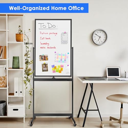 60x100Cm Magnetic Mobile White Board, Double Sided Dry Erase Board Rolling Whiteboard, Standing Whiteboard on Wheels for Home Office Classroom & Home, Black