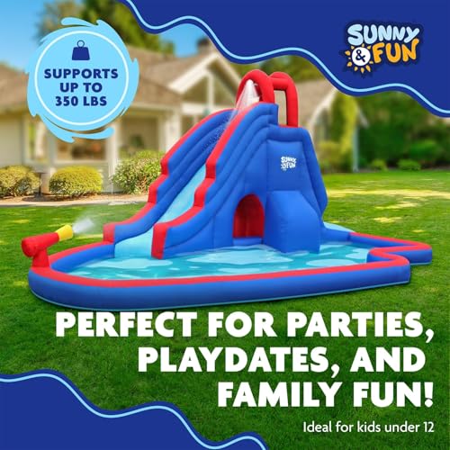 Sunny & Fun Deluxe Inflatable Water Slide Park & Splash Pool with Tunnel - Heavy-Duty for Outdoor Fun - Climbing Wall - Easy to Set Up & Inflate with Included Air Pump & Carrying Case