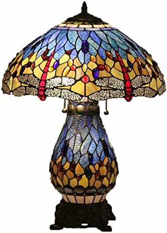 Tiffany Style Stained Glass Table Lamp "Blue Dragonfly" w/ Illuminated Base