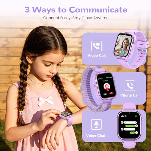 4G Smart Watch Children with GPS and Video Calling, Smartwatch Children with Calls, Voice Chat, SOS, School Mode, IP68 Waterproof, Pedometer, Alarm Clock, Camera, Gift Girls and Boys 4-15 Purple