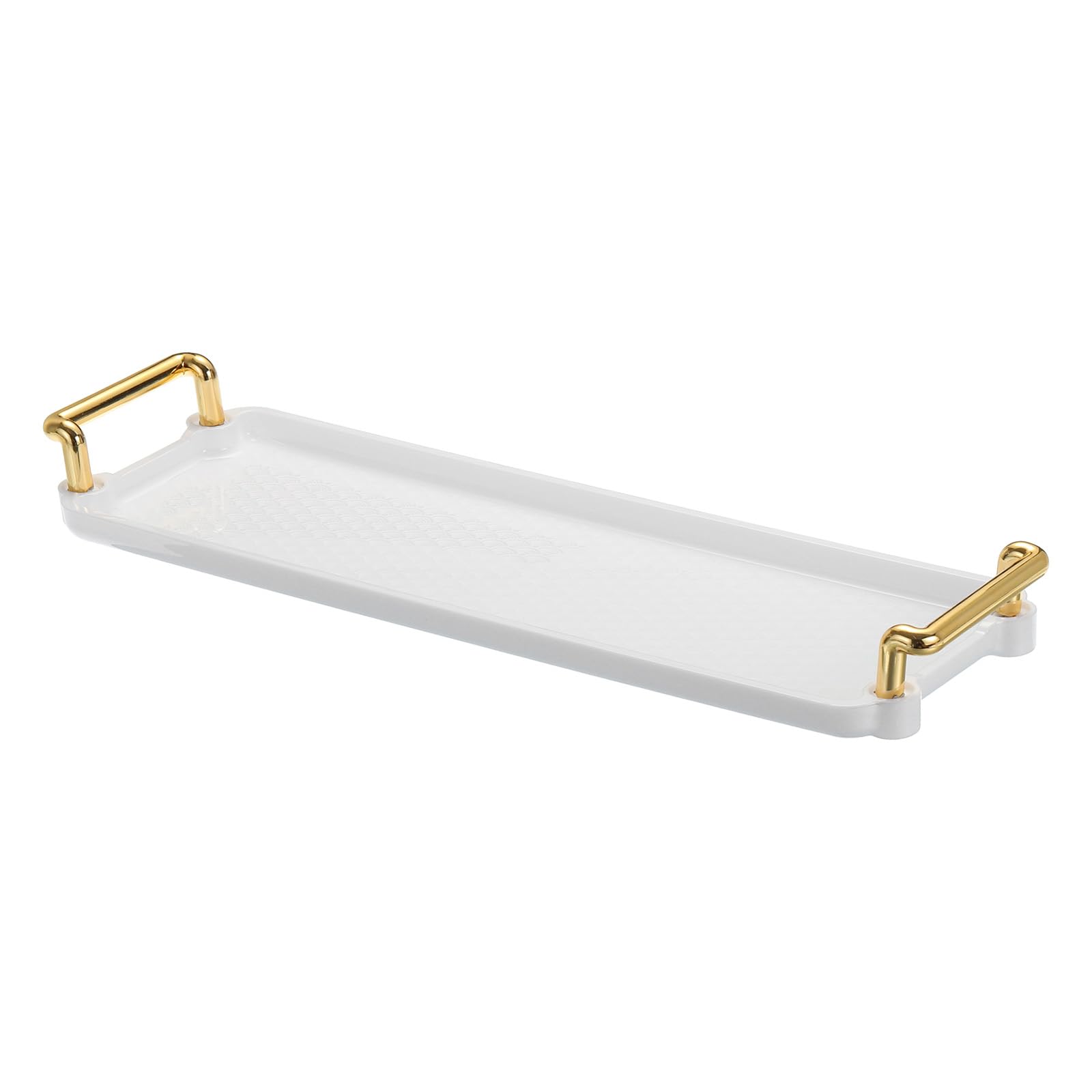PATIKIL Plastic Serving Tray with Golden Handle, 12" x 3.9" Modern Rectangular Decorative Tray Reusable Jewelry Platter for Countertop Bathroom Kitchen, White