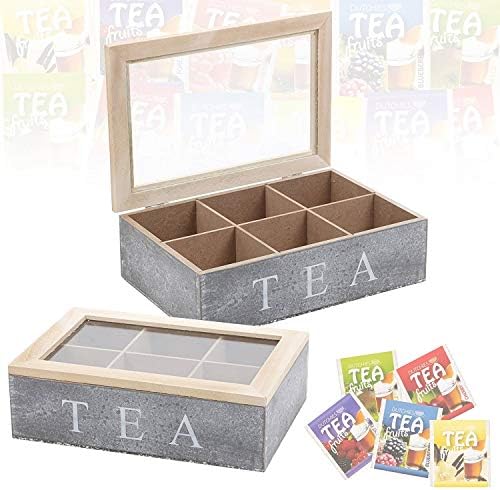 Section Wooden Tea Box Chalk Grey Glass Hinged Lid Kitchen Tea Bag
