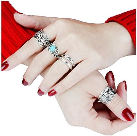 YILIN 3-14PCS Vintage Silver Boho Carved Hollow Totem Joint Knuckle Nail Midi Ring Set (White 2)