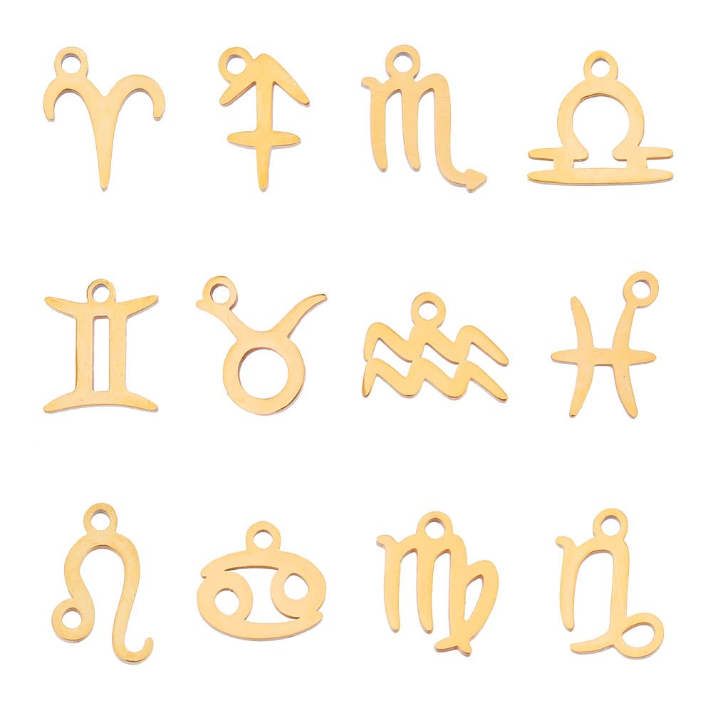 CHGCRAFT 12Pcs 12 Constellations Stainless Steel Charms 12 Constellations Link Charms Golden Constellations Pendants for Jewelry Making, Length 7mm to 12mm