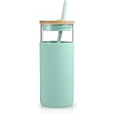 Tronco 20 oz Glass Tumbler with Lid and Straw, Iced Coffee Cup and Smoothie Cup with Bamboo Lids & Protective Silicone Sleeve, Dishwasher Safe, BPA-Free, Glass Cup 1 Pack