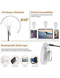 Luz de anillo para selfie, luz de anillo de clip recargable portátil, luz de llenado de selfie mejorada con 54 luces LED para cámara, 3 modos de luz, 8 niveles de brillo, rotación de 210 ° para iPhone y Android