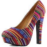 Women's Multi Color Tribal Stripes Round Platform Chunky High Heel Pump Fashion Shoes