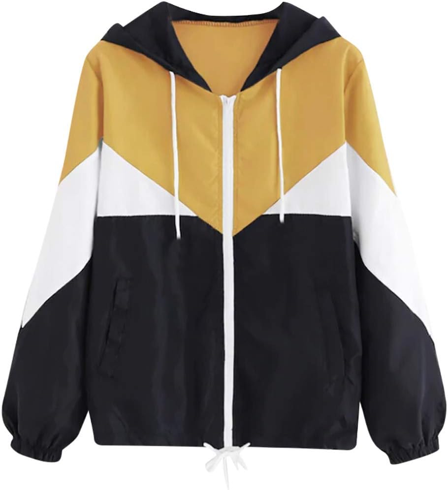 Easong Women's Casual Color Block Drawstring Hooded Windbreaker Jacket Zip Up Lightweight Rain Jacket Hooded Windbreaker Sports Jacket Windproof Windbreaker
