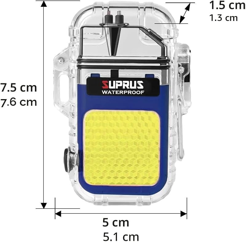 Encendedor impermeable y resistente al viento, doble arco, de plasma, eléctrico, recargable, con silbato de emergencia de supervivencia y cordón, color azul