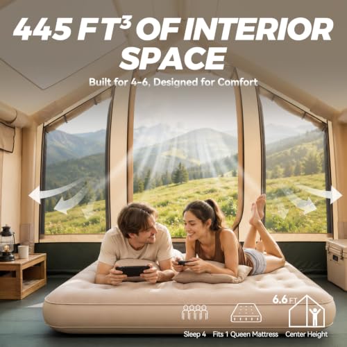 CHERIMOR Inflatable Tent with Skylight, Auto Inflation Pump, 4-6 Person, 445 FT³ Interior, Double-Layer Waterproof Oxford, Hot Tent with Stove Jack, Quick Setup Blow Up Tent for Camping & Hiking