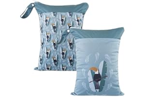 CoolaPeach 2pcs Cloth Diaper Wet Dry Bags Waterproof Reusable with Two Zippered Pockets Travel Beach Pool Daycare Soiled Baby Items Yoga Gym Bag for Swimsuits or Wet Clothes (Toucans)