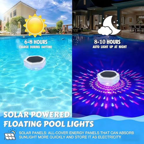 Dekofun Pack of 2 Pool Lighting, Underwater Solar, IP68 Waterproof LED Pool Light with Remote Control, RGB, Timer, 3 Modes, Floating Pool Lighting Lights for Whirlpool, Bath, Spa, Garden, Balcony