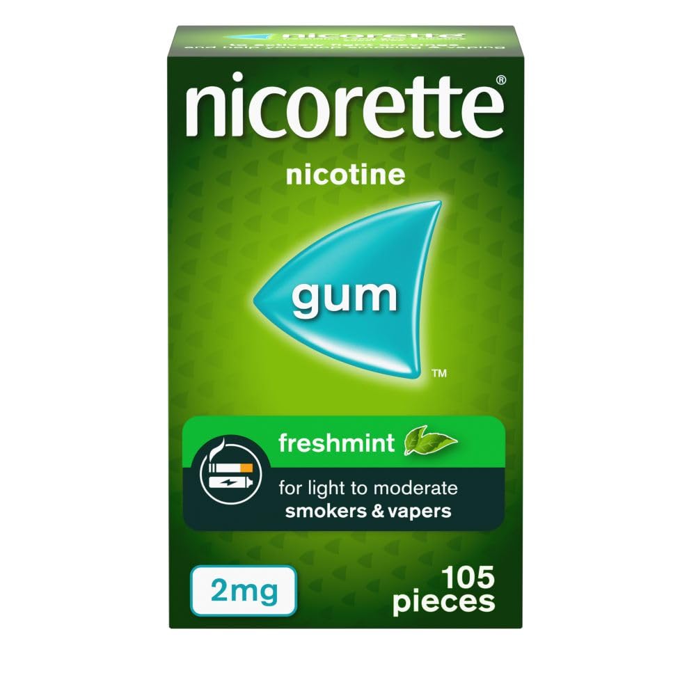 Nicorette Freshmint 2mg Gum (105 Pieces), Discreet Stop Smoking and Stop Vaping Aid to Help you Quit For Good, Tackle Cravings and Withdrawal Symptoms, Freshmint Nicotine Gum (Quit Smoking or Vaping)