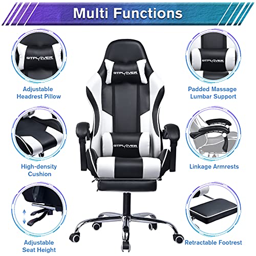 GTPLAYER Gaming Chair, Computer with Footrest and Lumbar Support Height Adjustable with 360°-Swivel Seat and Headrest for Office or Gaming (White)
