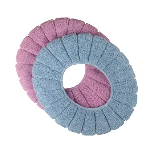 Cushioned Toilet Seat Cover Pads Bathroom Soft Fibers Thicker Warmer Stretchable Washable Lid Covers 2Pcs (Blue+Pink)