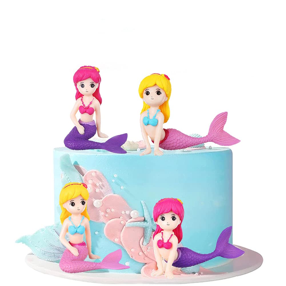 Morofme 4pcs Mermaid Cake Topper, Little Cute Mermaid Doll Figurines, Mermaid Birthday Cake Cupcake Topper Decorations for Kids Girls Mermaid Princess Under the Sea Theme Birthday Baby Shower Party