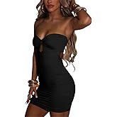 SHESEEWORLD Women's Sexy Strapless Tube Ruched Dress Front Knot Bodycon Back Lace Up Mini Dress