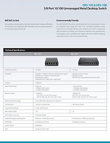 D-Link 5 Port 10/100 Unmanaged Metal Desktop Switch (DES-105)