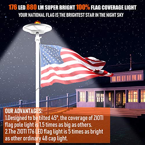 Solar Flag Pole Light 176 LED, 880 Lumens Brightest Solar Powered Flagpole Lights for Most 15 to 25 Ft Flag Poles, 100% Flag Coverage, 6800MAH Downlight Last Up to 10 Hrs, IP67 Waterproof Auto On/Off