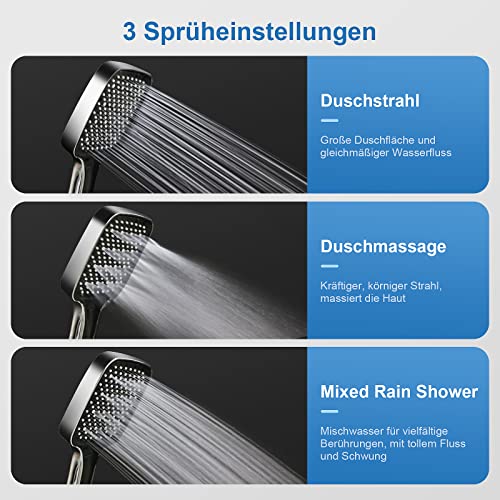 Duschkopf Regendusche Druckerhöhend, VESKYAO Hochdruck Duschbrause mit Ergonomischem Handgriff, Groß Handbrause Wassersparend mit 3 Strahlarten, Verchromter Brausekopf