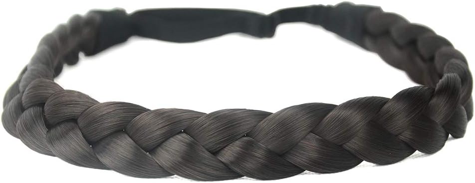 BOBIYA 3 Strands Synthetic Hair Braided Headband Classic Chunky Wide Plaited Braids Elastic Stretch Hairpiece for Women Girl (Dark Brown)